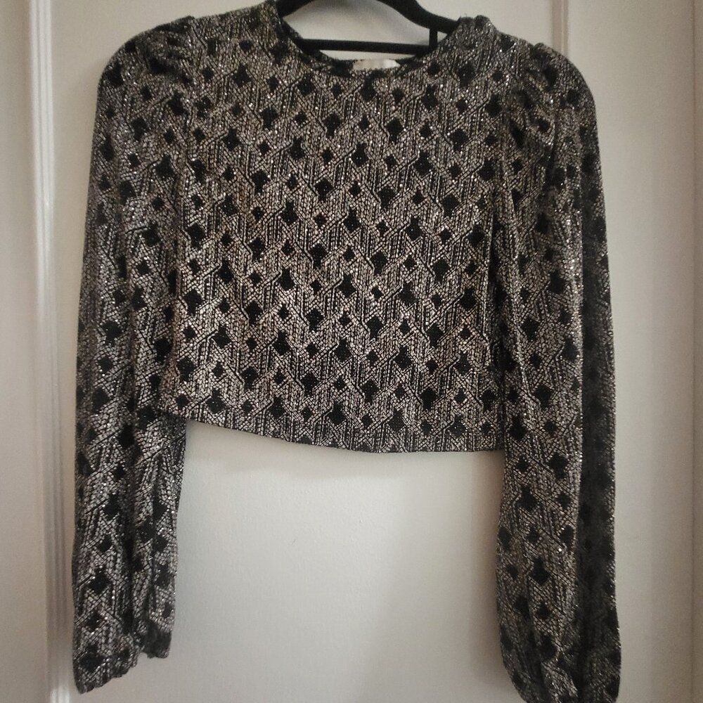 Topshop Metallic Geometric Knit Cropped Blouse - Black & Silver - Size 4